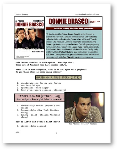 Front page of ESL Whole-Movie ESL lesson for the film, Donnie Brasco